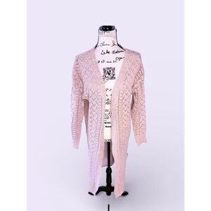 Boho Pointelle Knit Longline Cardigan Sweater - Blush Pink /Beige - Size Large
